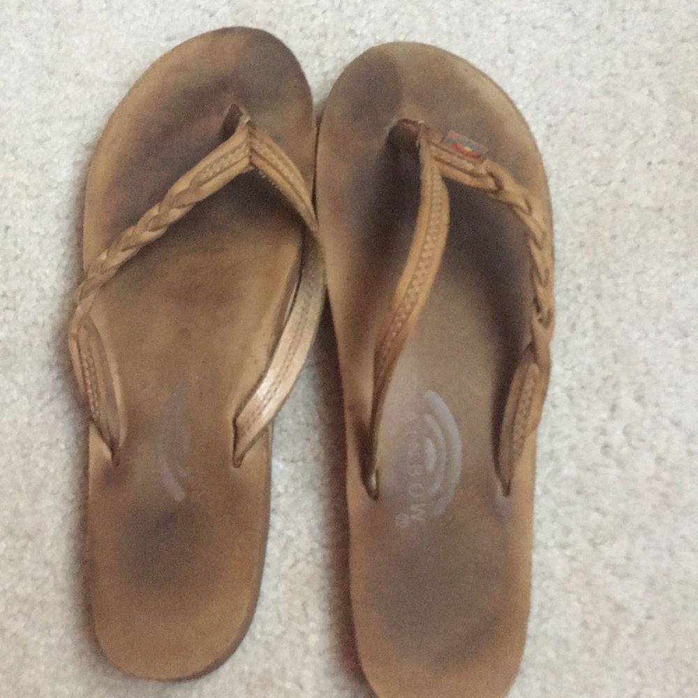Tan rainbow flip flops